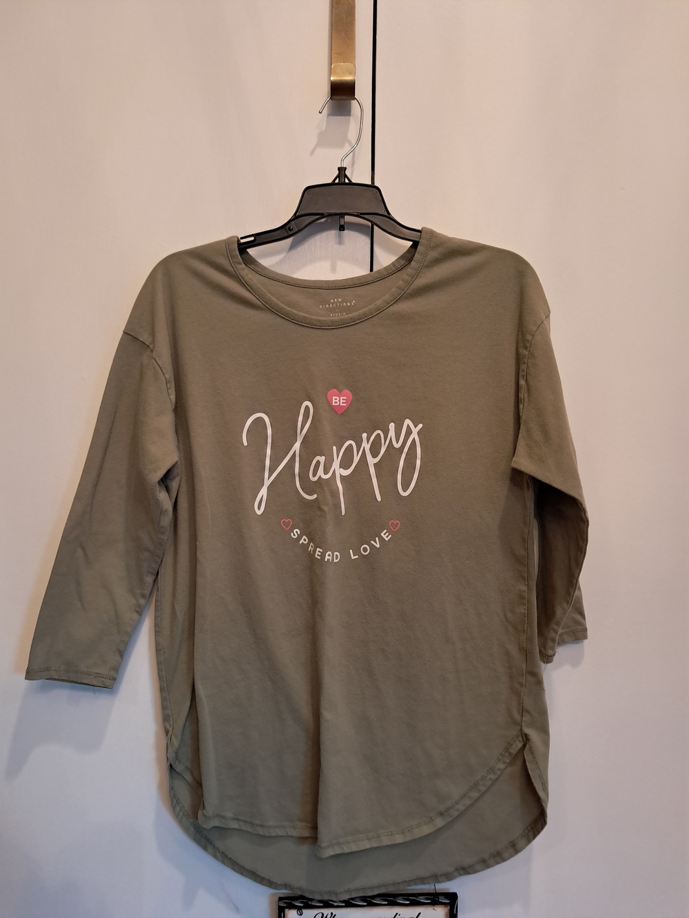 new directions Olive Green Long Sleeve Graphic Tee with Pink Accent